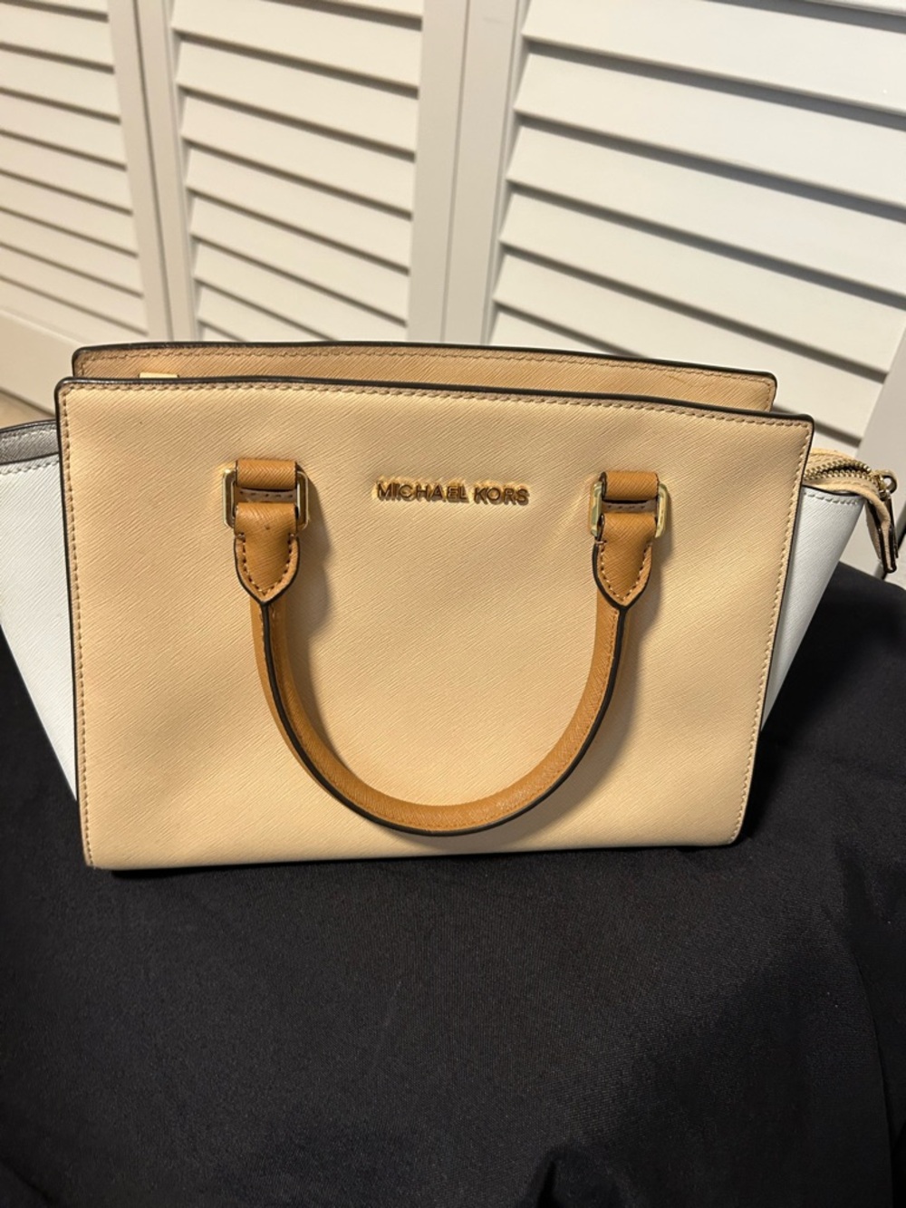 Michael Kors Cream and White Saffiano Leather Satchel with Tan Handles